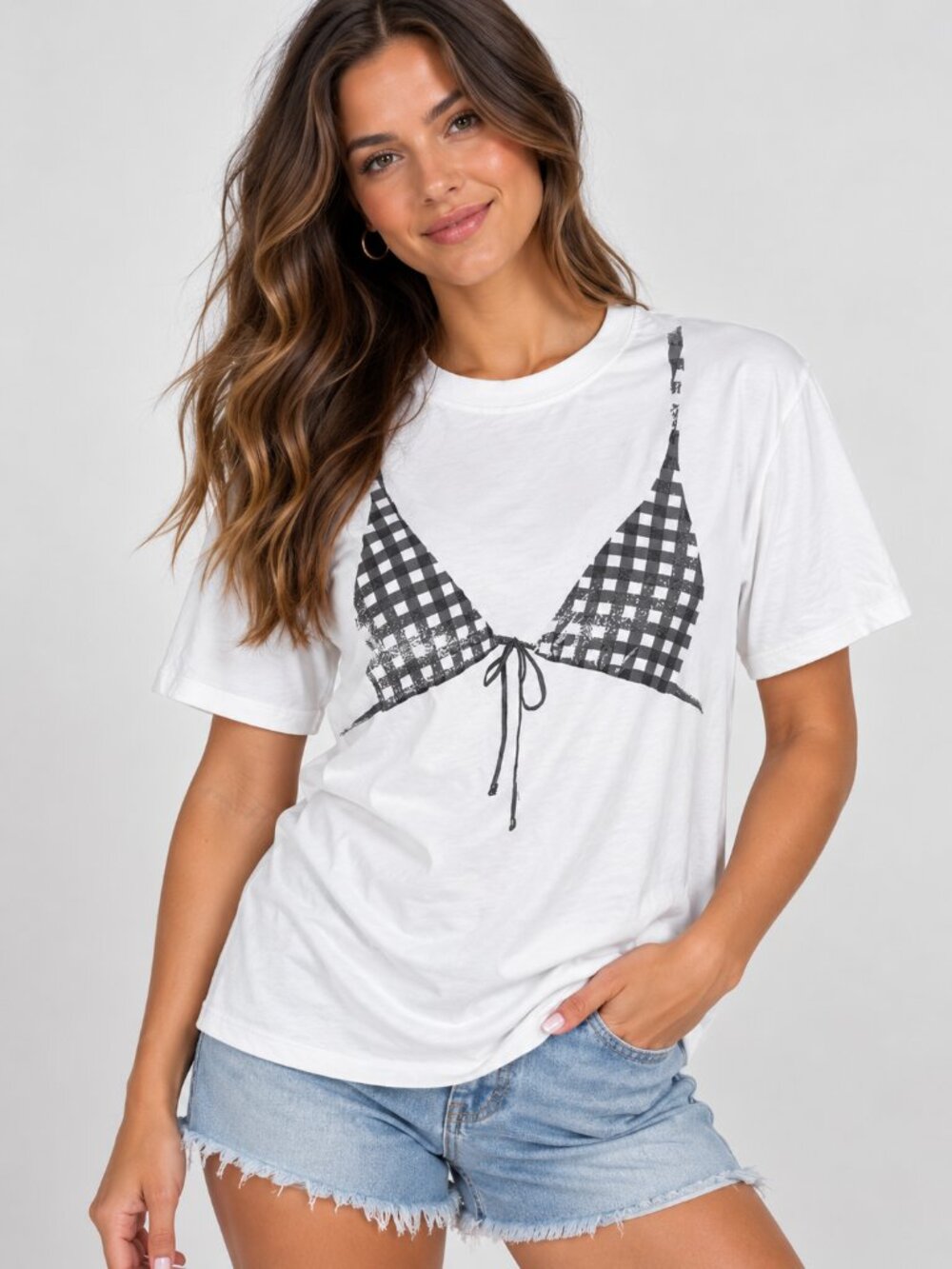 NWT Target White Short Sleeve Tee with Black Gingham Bikini Graphic